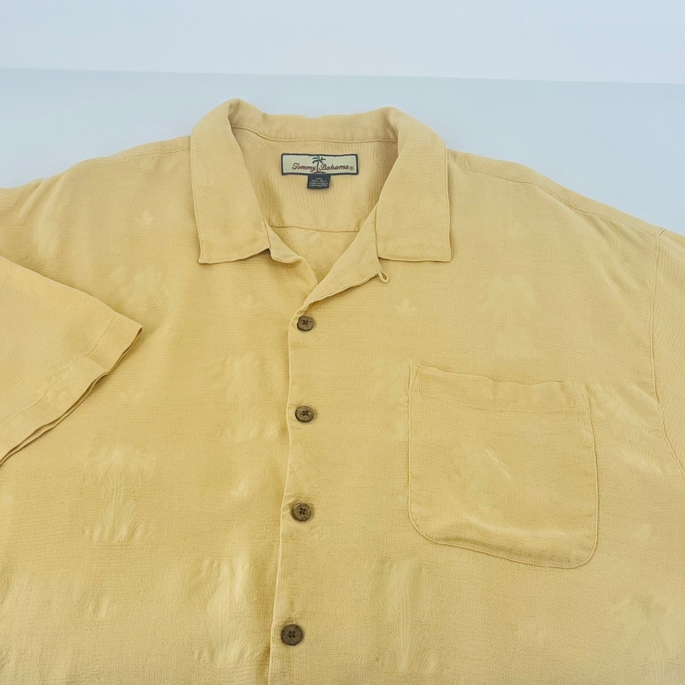 Tommy Bahama Silk Camp Shirt Yellow XXL Palm Tree Jacquard Button Up Tropical
